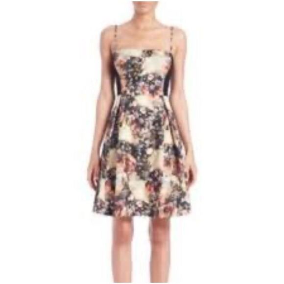 Black Halo Dress Antique Floral A-Line Cocktail Spaghetti Strap Pleated - Picture 2 of 8